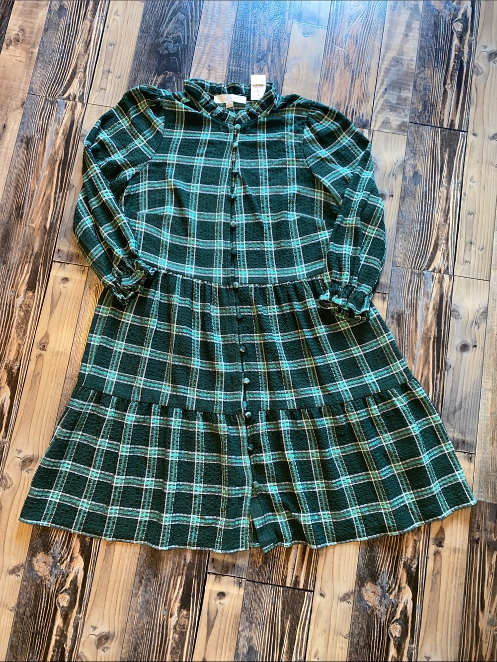 NWT LOFT Western Green Plaid Button-Front Tiered Dress